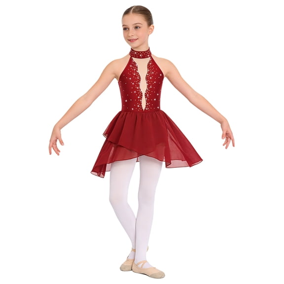 Raenseen Kids Girls Shiny Rhinestone Figure Ice Skating Dress Gymnastic Skirted Leotard Ballerina Outfit Competition Dancewear Burgundy 16