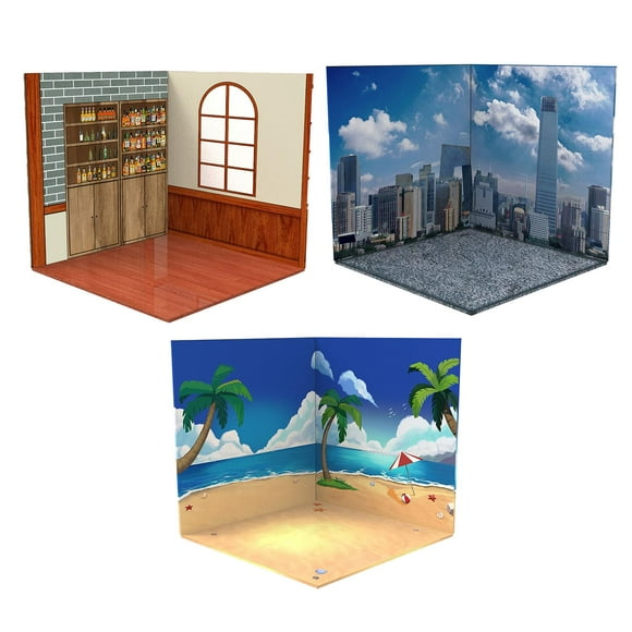 3x Model Display Backdrop Storage Show Background Scene for 1/12 Scale Figures City and Beach and Pub