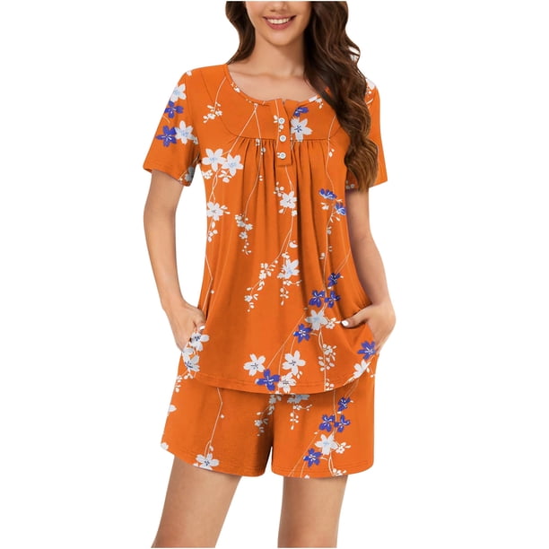 Conjunto de Ropa de Salón de las Mujeres Impreso Cuello Redondo Manga Corta Superior Y Pantalones, Ropa de Casa Suave Dos Piezas