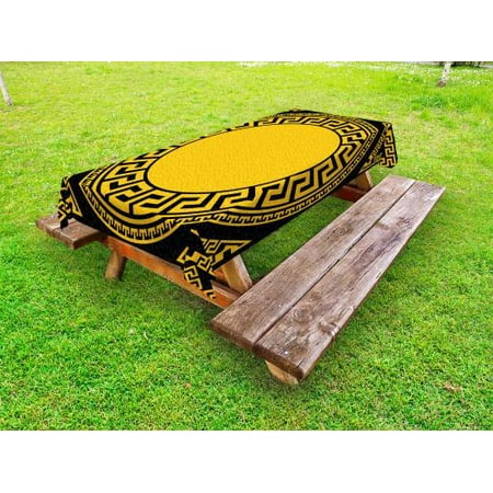 

Greek Key Outdoor Tablecloth Sun Inspired Big Circle with Antique Fret and Triangular Ornaments Decorative Washable Fabric Picnic Table Cloth 58 X 84 Inches Charcoal Grey Marigold by Ambesonne