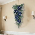 thumbnail image 3 of Christmas Glitter Wreath with Velvet Gold Leaves and Blue Poinsettia Flowers,Teardrop Swag Garland for Front Door Winter Holiday Decor, Festive Hanging for Farmhouse Home Stairway Party Decoration, 3 of 6