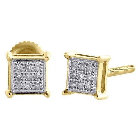 10K Yellow Gold Genuine Diamond Square Studs 4 Prong 5mm Pave Earrings 1/20 CT