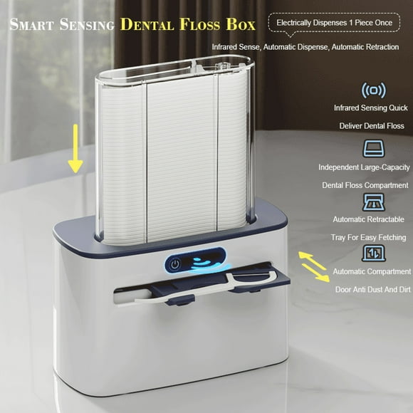 Caja automática de almacenamiento de palitos de hilo dental | Sensor Inteligente | Batería o recargable | ABS higiénico | Recarga de 100 de hilo dental | Compacto para casa, hotel, restaurante