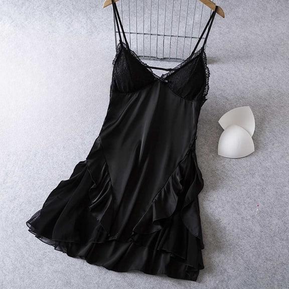Blmnix Women Nightgown Chemises Sexy Nightgown with Built in Bra Nightgown Sleeveless Black V-Neck Above-the-Knee Moo Moo Nightgown