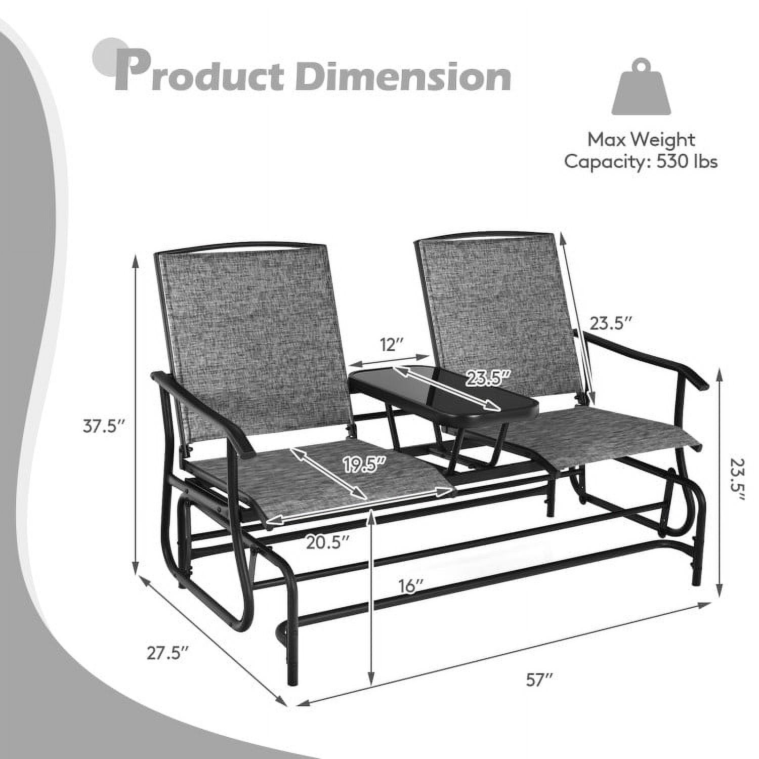 Aimee Lii Outdoor Patio Furniture Set, 2-Person Double Rocking Loveseat with Mesh Fabric and Center Tempered Glass Table, Gray
