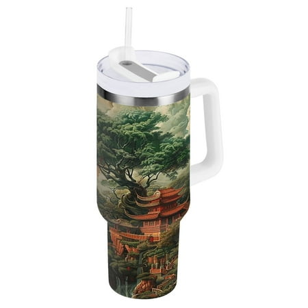 

30 Oz Car Handle Water Cup 9.9x3.5 Inch Stainless Steel Water Cup With Handle Water Cup Car Water Cup Travel Coffee Cup Green Trees and Red Houses