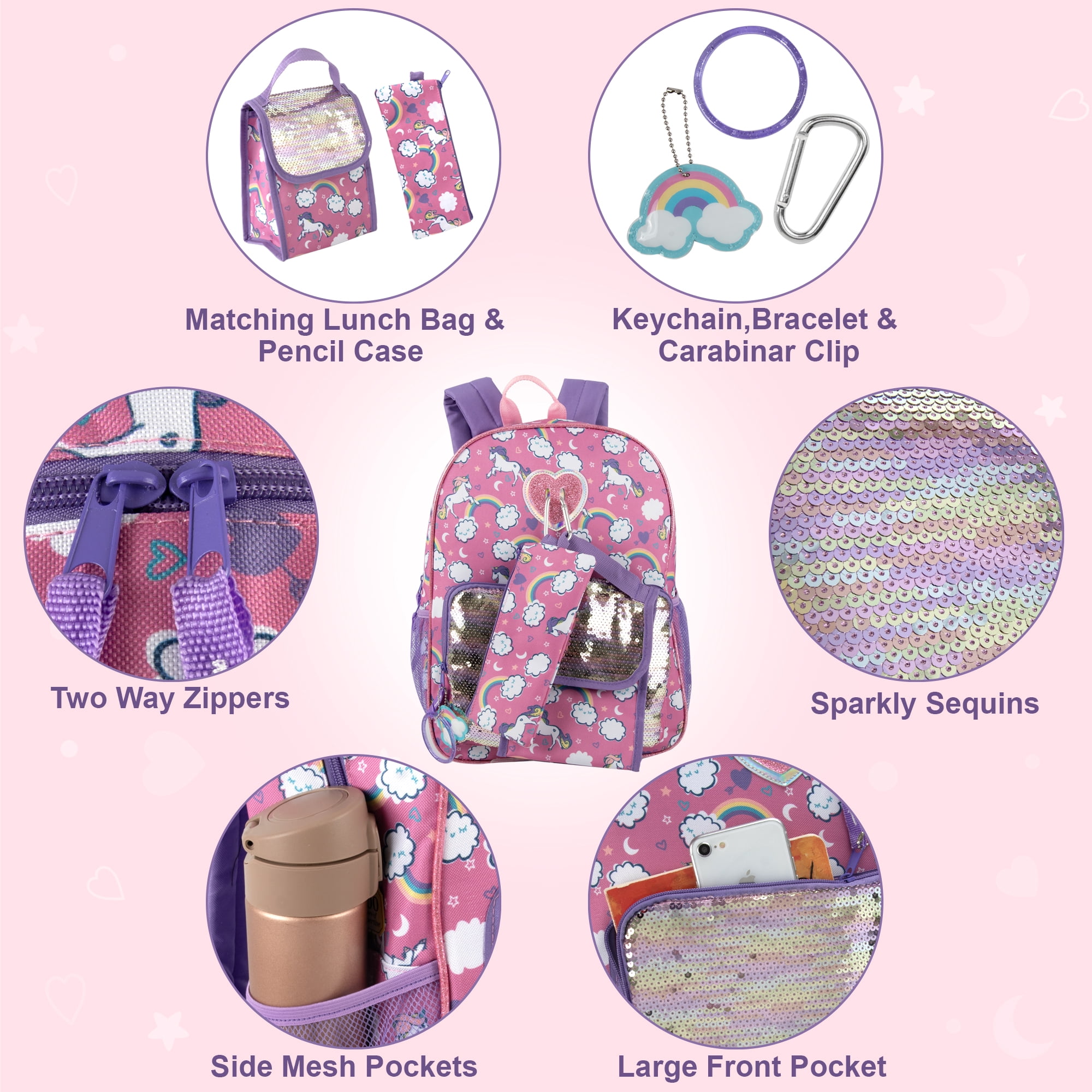 6 in 1 Females Backpack with Matching Lunch Bag, Pencil Case
