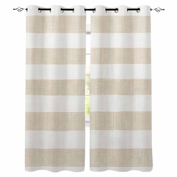 Fsddascl Beige Stripe Blackout Curtains for Bedroom/Living Room, Thermal Insulated Kitchen Curtains, Vintage Country Geometric Linen Texture Grommet Darkening Window Treatment Drapes 27.5"x39"x2