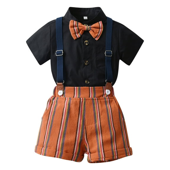 Povozer Boys Summer Bow Tie Set Baptism Christening Outfits for Baby Boys Bow Ties Shirt Suspender Shorts Gentleman Wedding Tuxedo Formal Suit for 110,Black