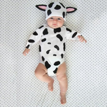 

DENGDENG Unisex-Baby Cow Printed Bodysuits Cartoon Long-Sleeve Bodysuit Infant Hat Summer Romper 3M-24M