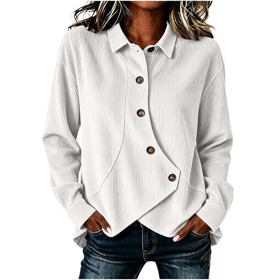 Yutgune Women’s Corduroy Button Up Top Long Sleeve Asymmetrical Front Collared Casual Blouse S-XXL