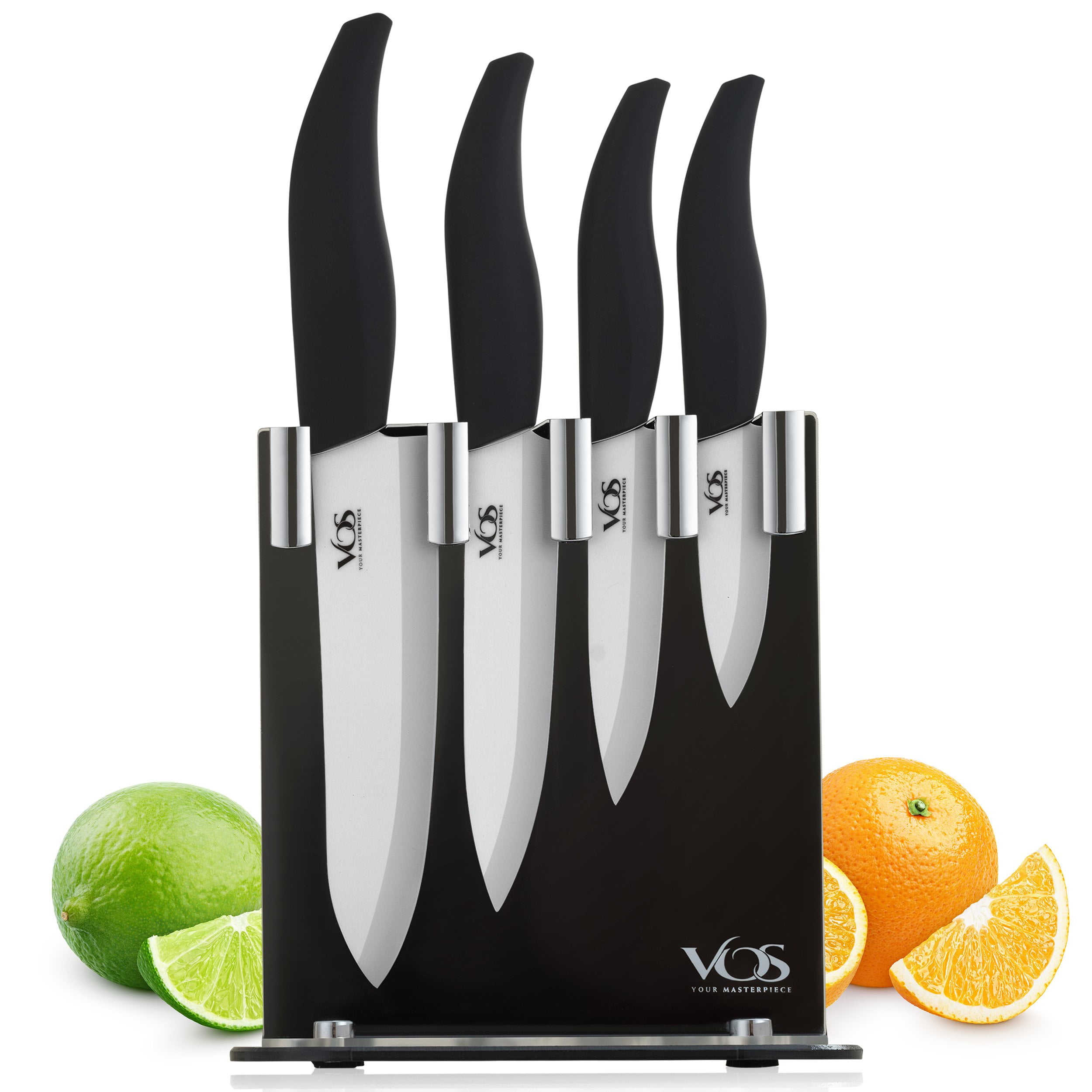 Vos Ceramic Knives Set with Stand, Chefs, Utility, Paring and Multi-purpose Black Handle Knives