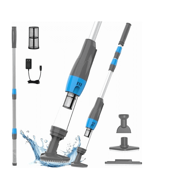 YSMJ Cordless Handheld Pool Vacuum, 90 Min Runtime Rechargeable Cleaner with Pole & Safety Detector for Small Above Ground Pools, Hot Tubs and Spas (Gray& Blue)