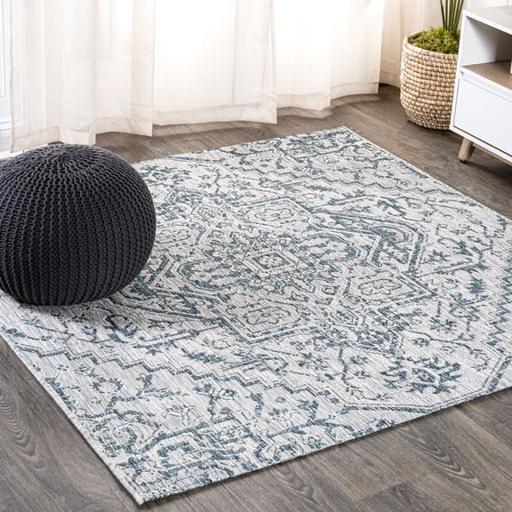 JONATHAN Y SANTA MONICA 5' Square Area Rug, Estrella Bohemian Medallion Textured Weave - Teal/Gray, SMB105C-5SQ