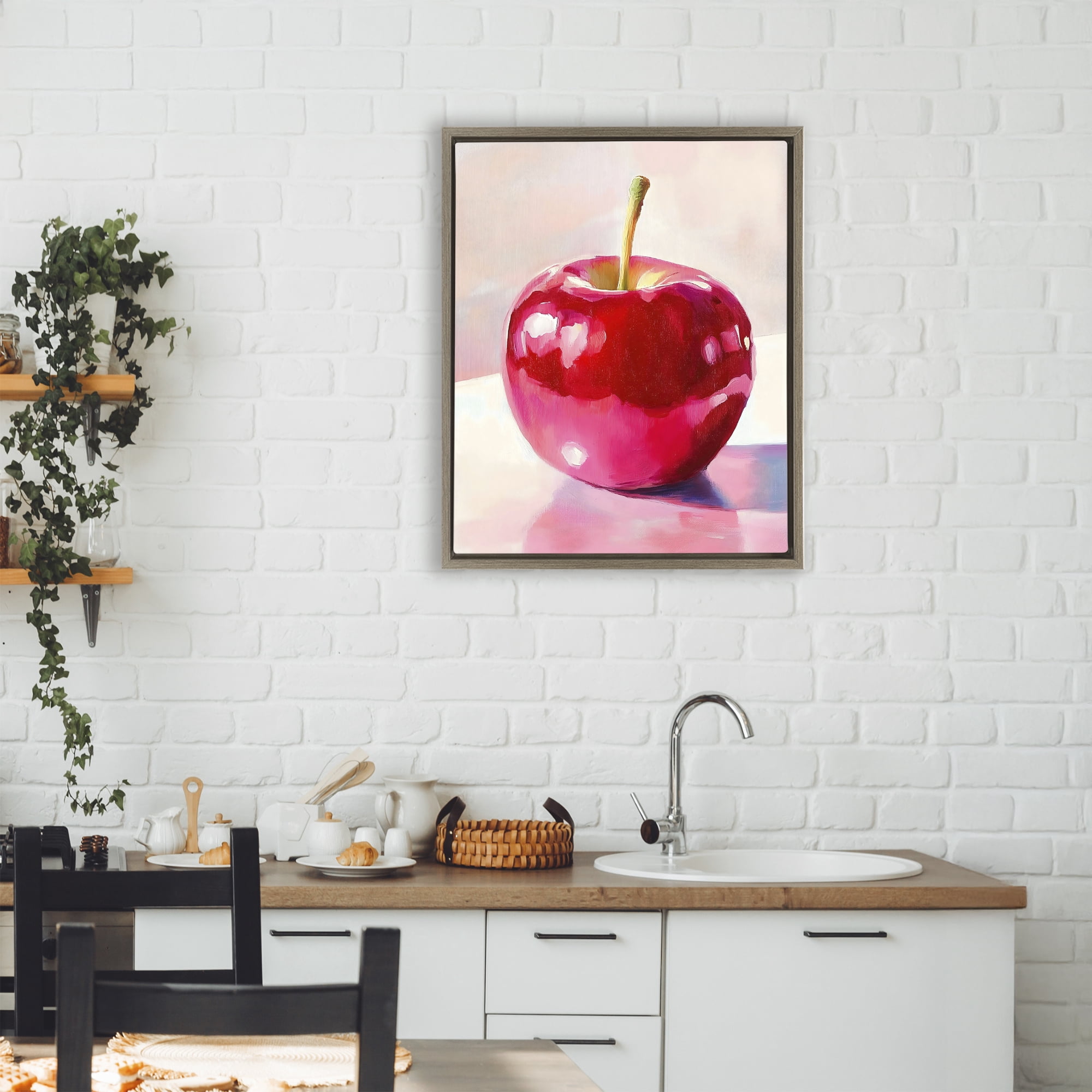 Stupell Industries Shiny Red Apple Reflection Brown Framed Floater Canvas Wall Art, design by The Prints Vibe