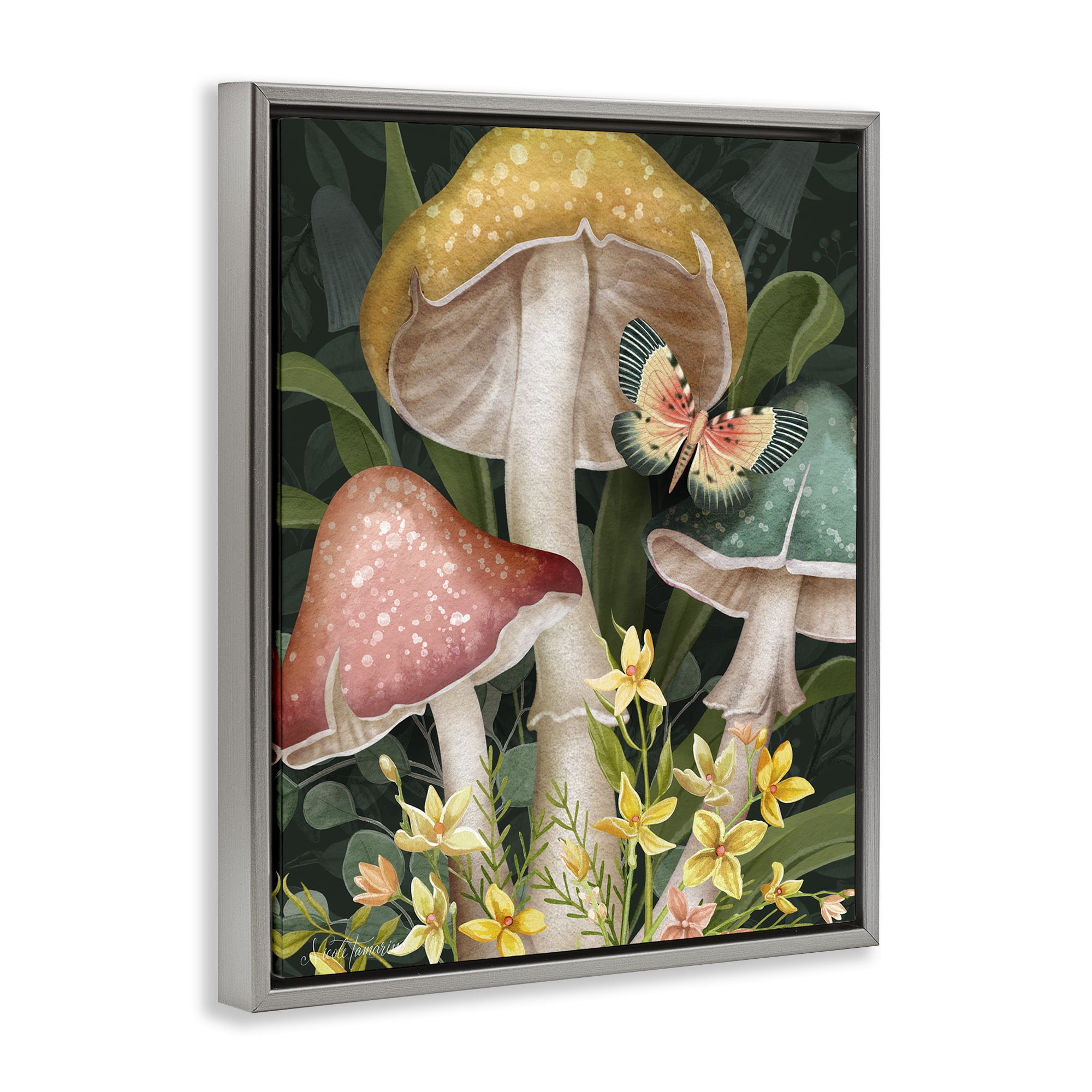 Stupell Industries Midnight Garden Mushrooms Gray Framed Floater Canvas Wall Art, design by Nicole Tamarin