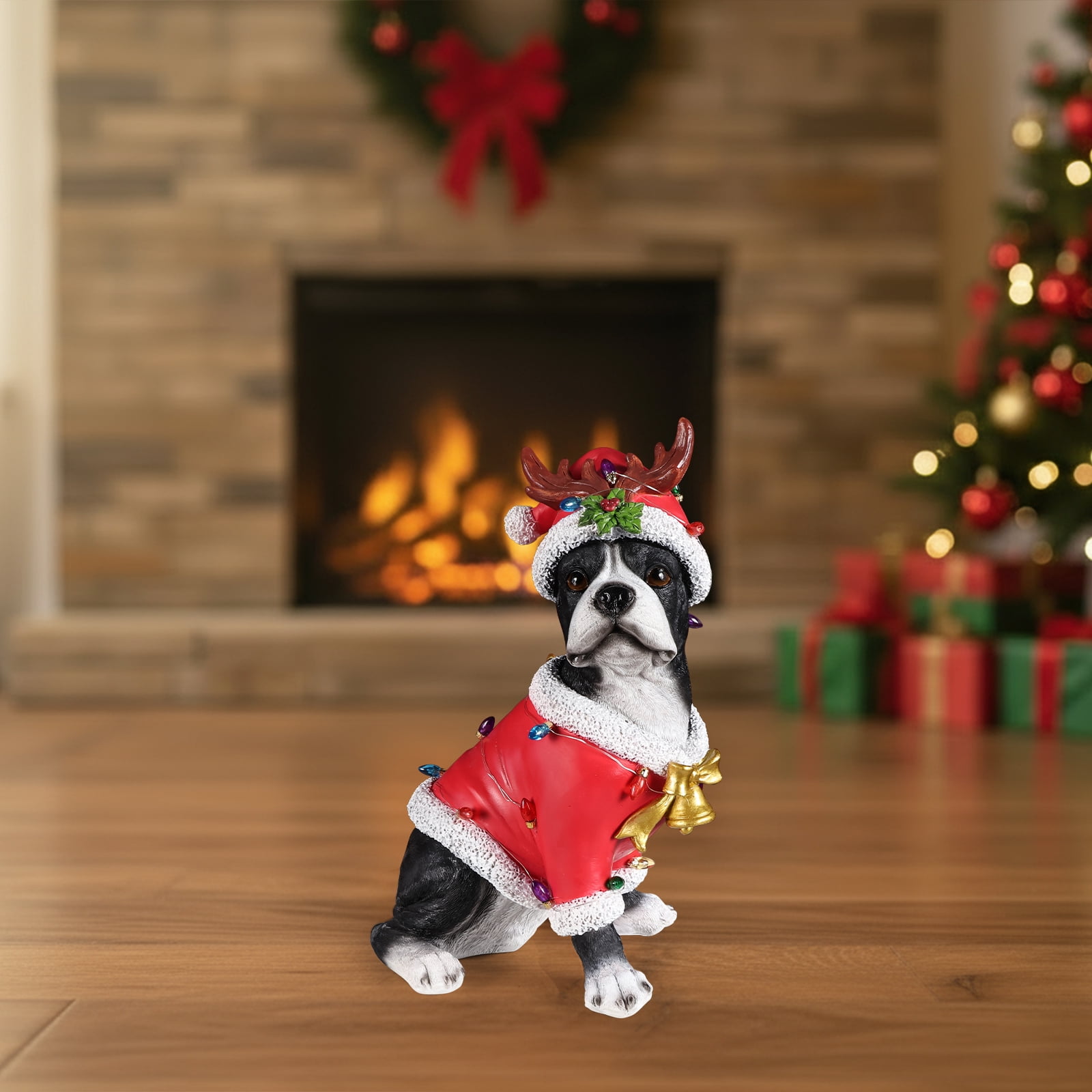 Boston Terrier Christmas Dog Statue with Santa Outfit Reindeer Antlers Holly Accents Tabletop Decor