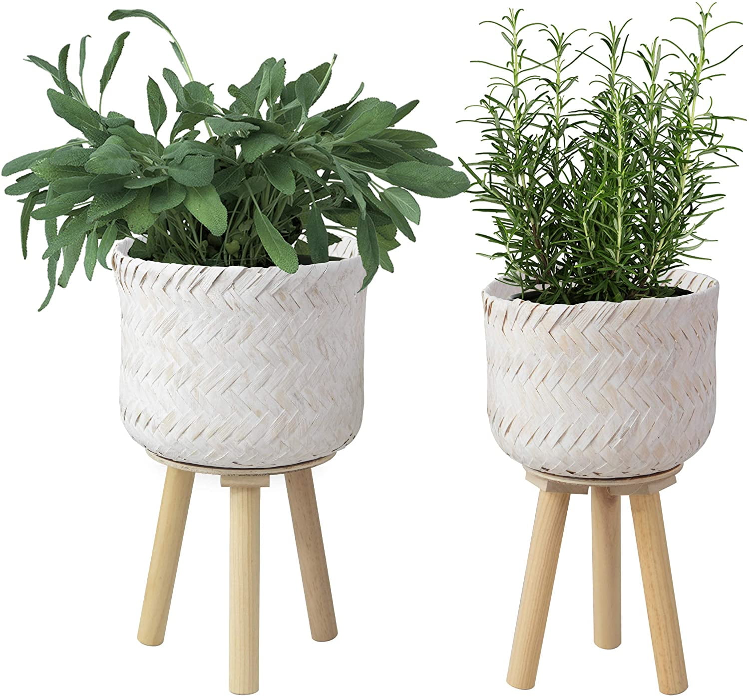 Set 2 Bamboo Woven Plant Pot on Legs Flower Plant Pot with Stand