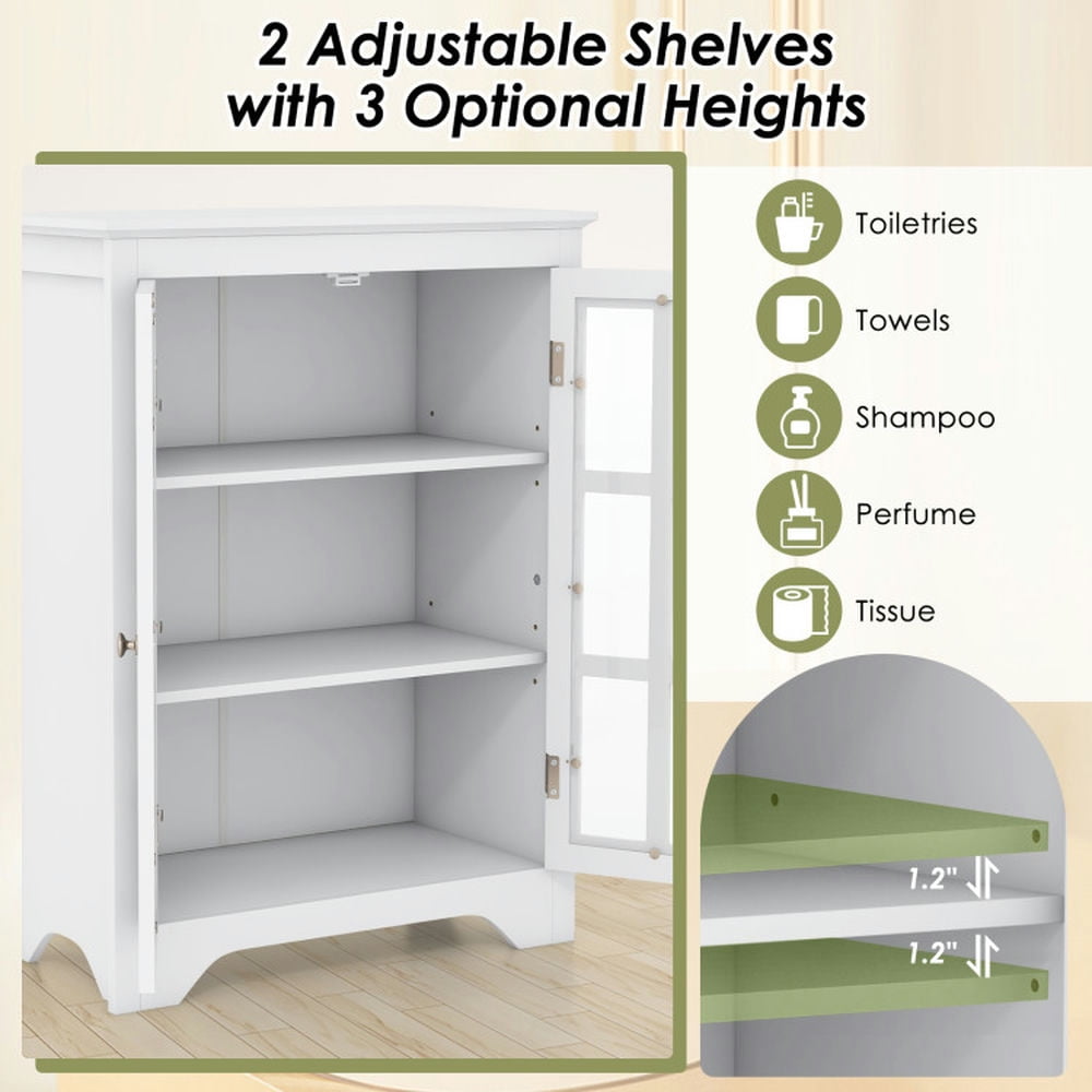 Finihen Storage Cabinet, Floor Cabinet, Freestanding Display Storage Cabinet with 2 Glass Doors and Adjustable Shelves, for Bathroom, Living Room, Bedroom, Kitchen, White