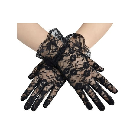 Women's Lace Floral Wedding Bride Evening Short Gloves with Wrist Ruffle, Black