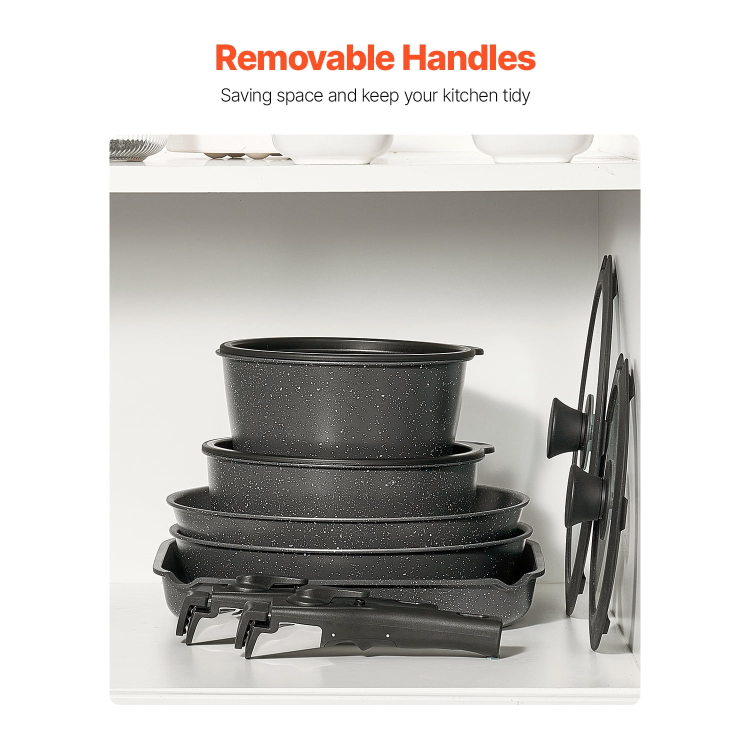 KFFKFF 17-Item Cookware Set, Granite Nonstick with Removable Handles, Compact Induction-Compatible Kitchenware, Ideal for RV Kitchens, Includes Fry, Sauce, Saute Pans, Tempered Glass Covers