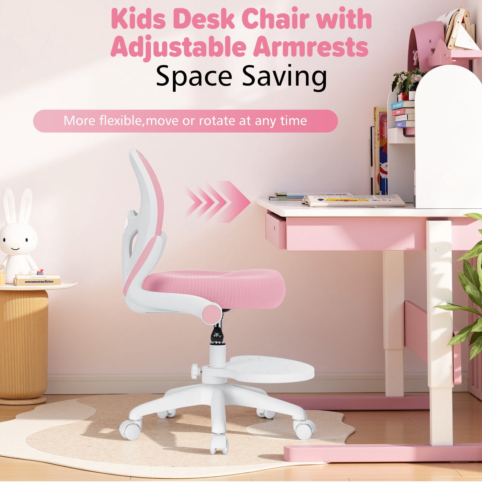 Hoffree Kids Desk Chair with Flipped Arms Wheels Ergonomic Study Chair with Footrest Adjustable Height Rolling Desk Chair for Teens Boys Girls in Study Room Pink
