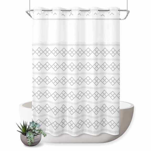 No Hook Shower Curtain, Grey Boho Shower Curtains for Bathroom with See Through Top Window, Vintage Ethnic Tribe Abstract Art Waterproof & Washable Bath Curtain Extra Long 72"x96"