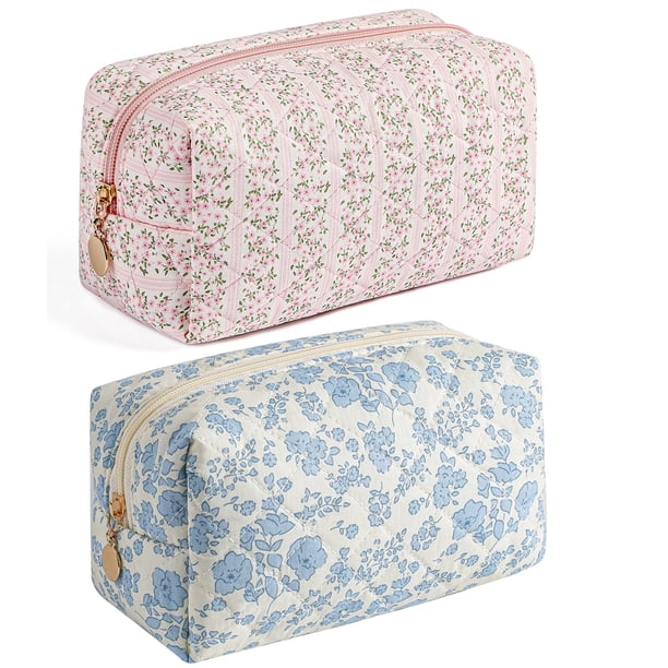 Bolsa de cosméticos HHQQWZ para maquillaje de viaje, paquete de dos unidades, rosa y azul con estampado floral