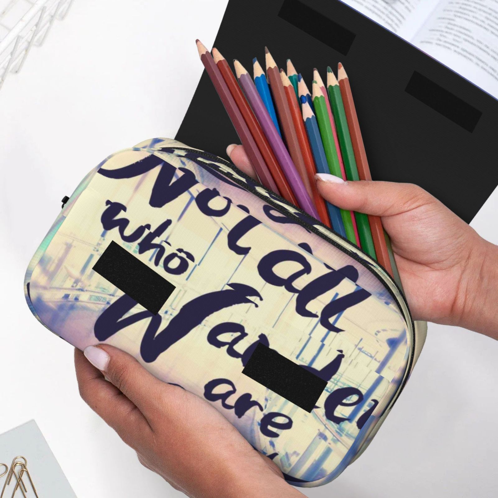 Rateoe Not All Those Who Wander Are Lost Pattern Double Clamshell Pen Case, Storage Organizer with Two Zipper Compartments– Holds Up to 50 Pencils & Pens