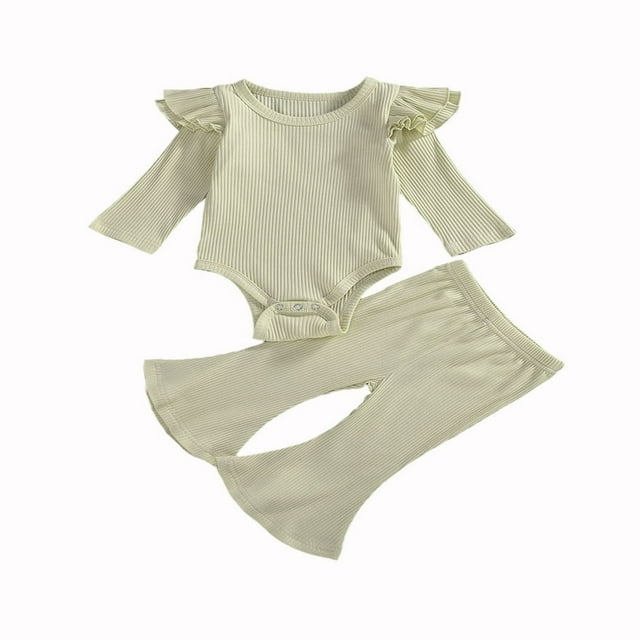 Baby Boy Girl Solid Color Cotton Knitted Ruffle Long Sleeve Romper Top Drawstring Pants