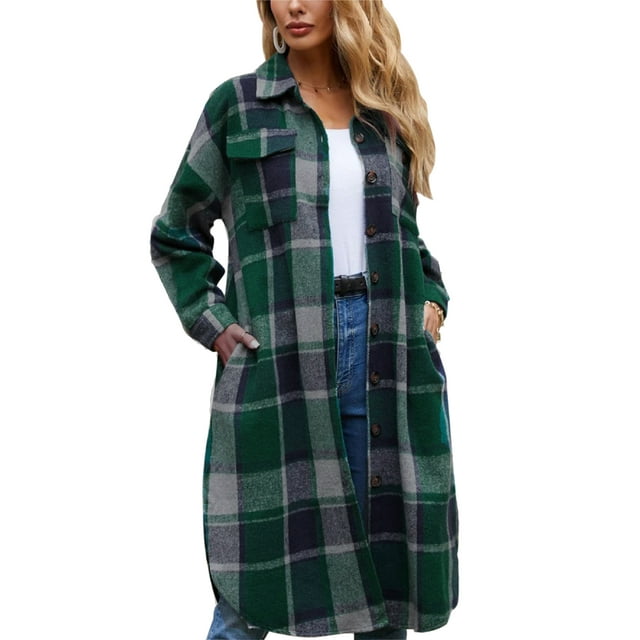 Womens Casual Plaid Button Down Jackets Puff Sleeve Long Trench Coats Shackets