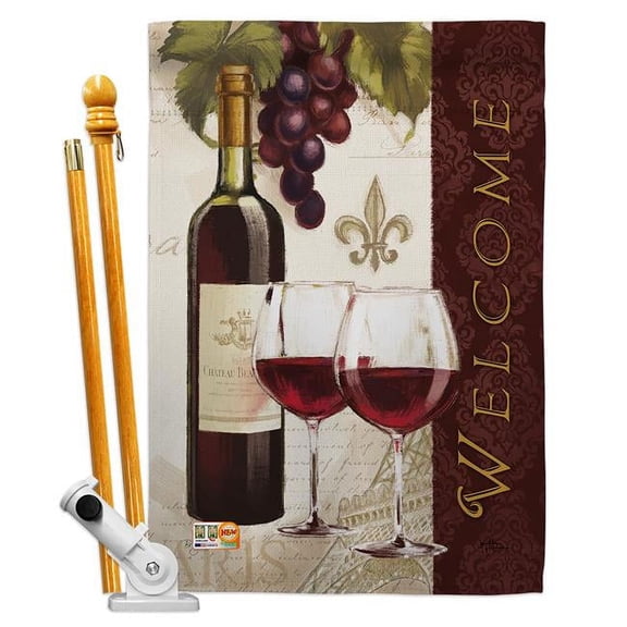 Breeze Decor BD-WI-HS-117053-IP-BO-D-US18-WA 28 x 40 in. Welcome Wines Happy Hour & Drinks Wine Impressions Decorative Vertical Double Sided House Flag Set with Pole Bracket Hardware