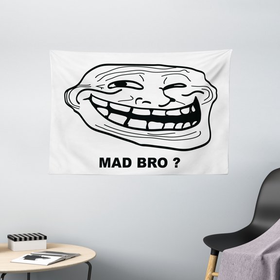Humor Decor Tapestry, Cartoon Style Troll Face Guy for Annoying Popular Artful Internet Meme Design, Wall Hanging for Bedroom Living Room Dorm Decor, 60W X 40L Inches, Black White, by Ambesonne