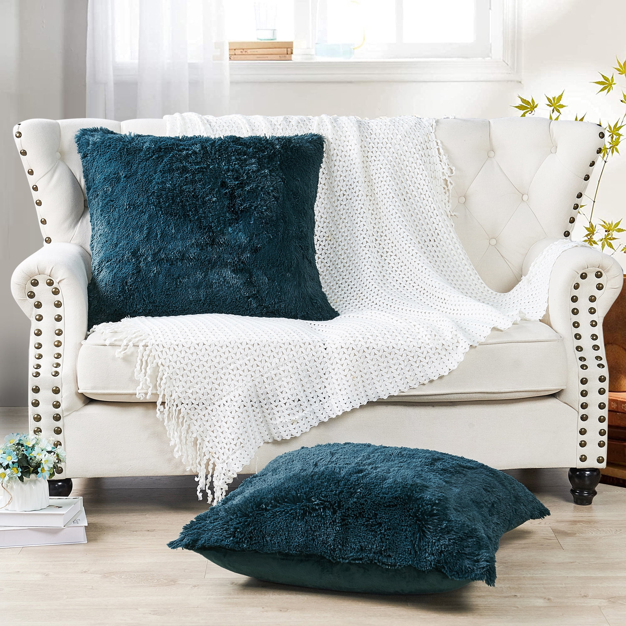 Home Soft Things Luxury Shaggy Faux Fur Throw Pillow Cases, Ultra Soft Plush Pillow Covers Fluffy Decorative Cushion Covers, No Pillow Insert, Set of 2, Teal, 26x26 Inch