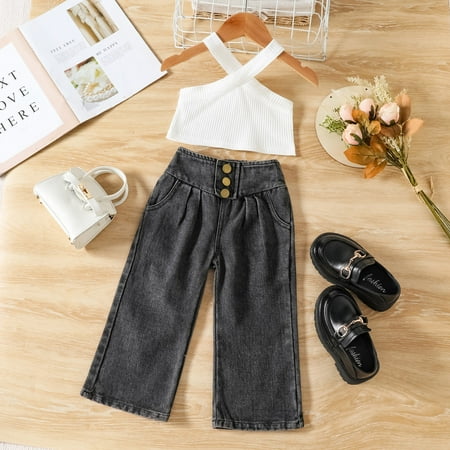 

ZMHEGW Fall Outfits For Toddler Kids Baby Girls Ribbed Vest T Shirt Tops Denim Jeans Long Pants 2Pcs Clothes Set Outfits Set