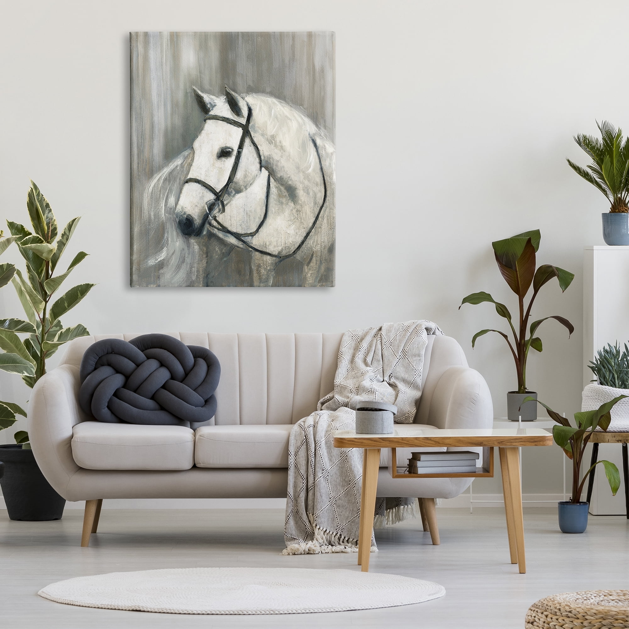 Design by Sally Swatland White Horse Riding Bridle Contemporary Equestrian Portrait 36 in x 48 in Painting Canvas Art Print, by Stupell Home Décor