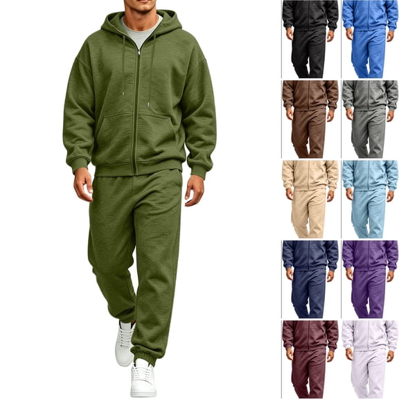 DORKASM 2 Piece Full Zip Up Hooded Tracksuit Soft Fleece Sweatsuit Set For Men Cuffed Straight Jogger Sweatpants Outfit Army Green 2XL