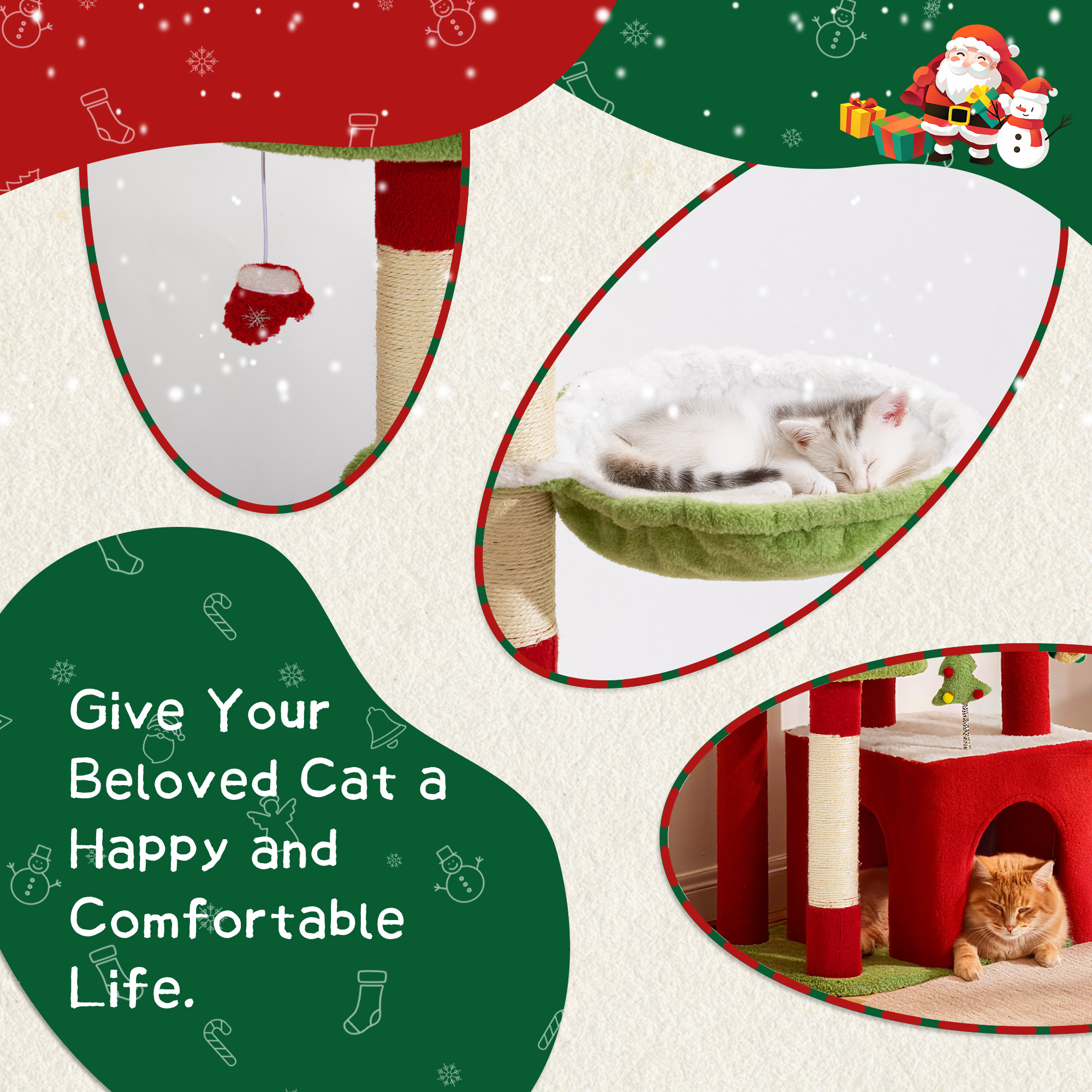 PERIMIDOME 55” Large Cat Tree Tower for Indoor Cats, Multi-Level Cat Furniture with Condo, Hammock & Scratching Posts, Christmas Edition