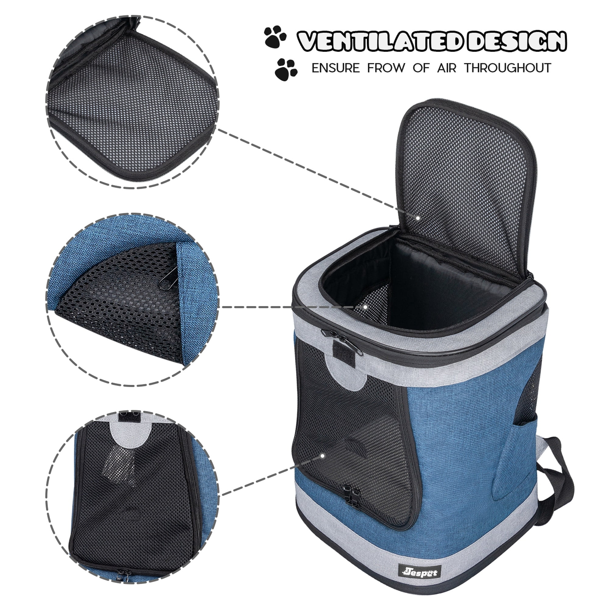 JESPET & GOOPAWS: Pet Soft Backpack Carrier - Blue Grey - 13", Small Dogs & Cats, Portable-Traveling-Hiking-Walking, Outdoor, Mesh Window, Ventilated