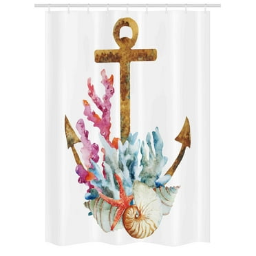 Anchor Stall Shower Curtain, Anchor with Corals Seaweed Nature Deep Sea Underwater Life Diving Enjoyment, Fabric Bathroom Set with Hooks, 54W X 78L Inches, Caramel Multicolor, by Ambesonne
