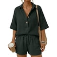 thumbnail image 2 of MAIHAN Linen Sets for Women 2 Piece 2026 Summer Vacation V Neck Short Sleeve Beach Outfits Oversized Button Casual Suits(Dark Green,M), 2 of 9