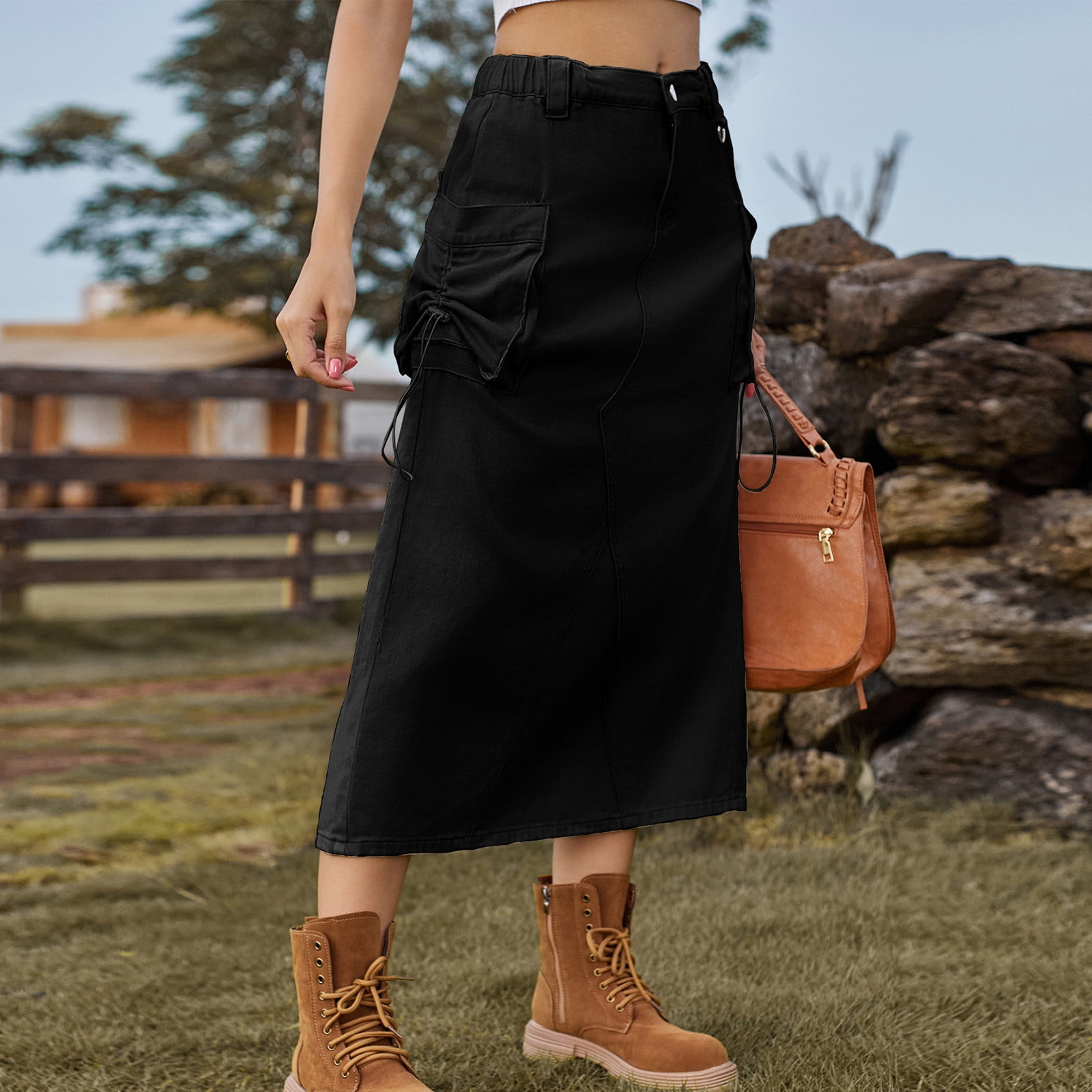 Cavosen Womens Skirts Knee Length Summer Midi Calf Length Cargo Skirts Denim Jean Skirts Plain Pencil Skirts Dress Button Side Pocket Athletic Beachwear Resortwear Black S