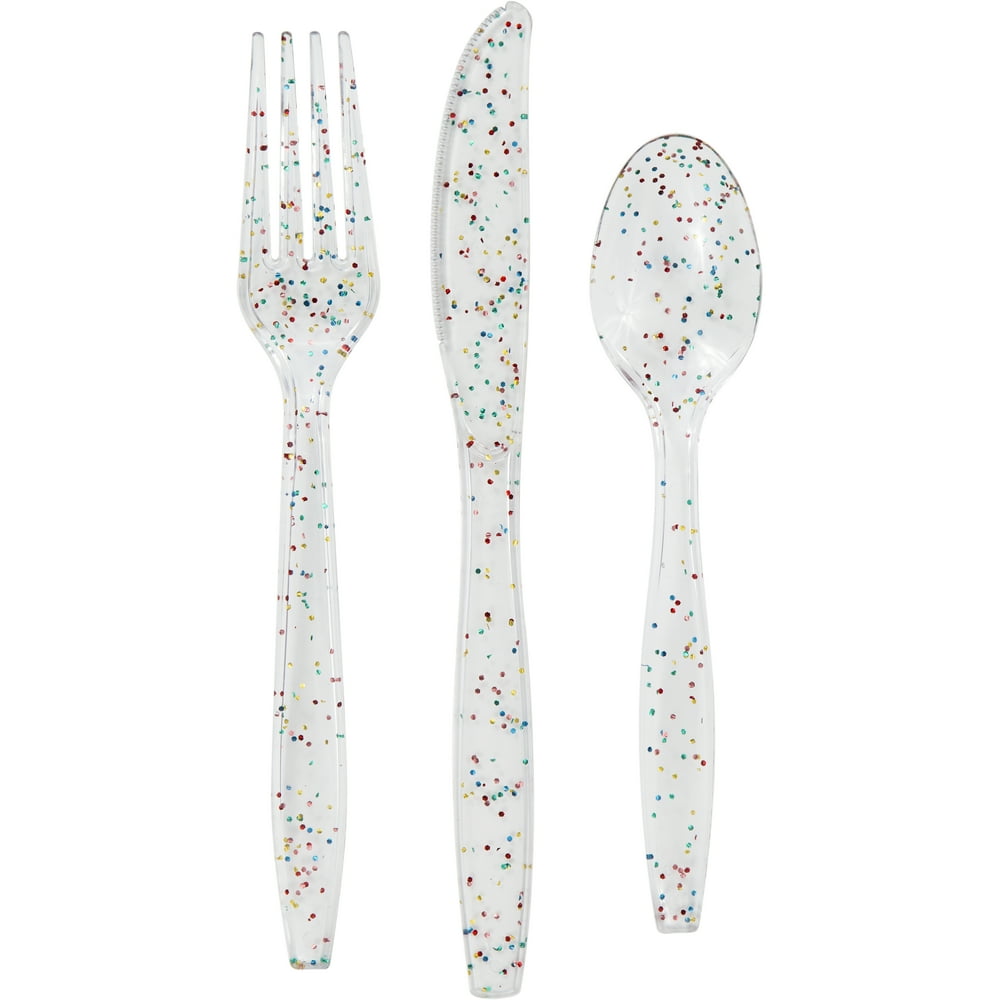 Way to Celebrate! Rainbow Glitter Assorted Party Cutlery, 24ct