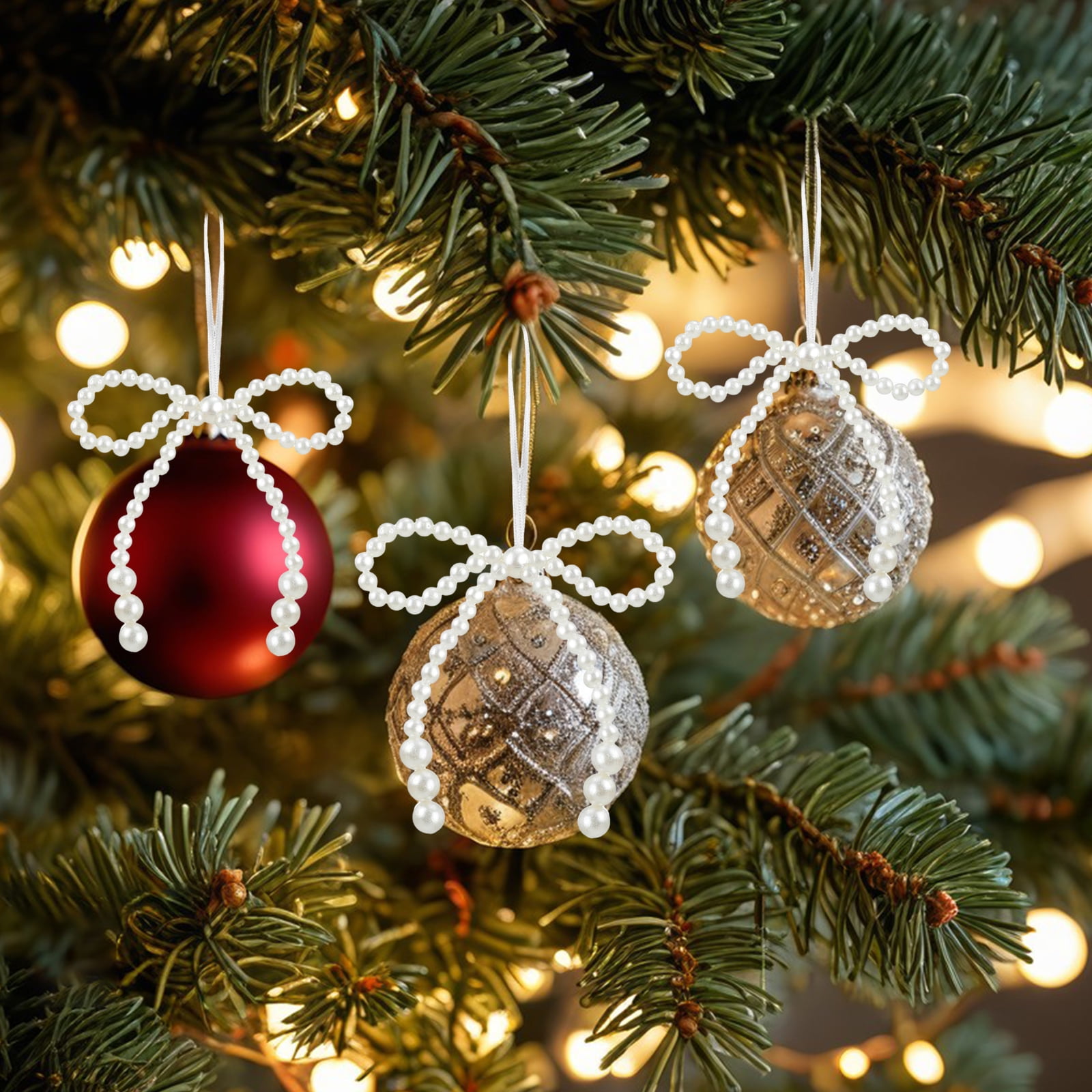 24 Pcs Pearl Bow Christmas Ornaments White Bowknot Tree Topper Decor Xmas Hanging Ornament Pendant Decoration Gift for Wedding Bridal Shower Baby Shower Birthday Indoor Decoration