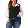 thumbnail image 1 of Chaleco de suéter sin mangas de punto de cable a rayas de cuello en V para mujeres GRACE & GRANDEUR talla grande 1X negro, 1 of 1