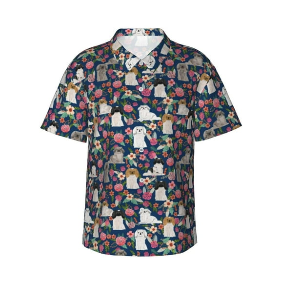 Pekingese Florals Dog Men'S 3d Print Casual Button Down Shirts, Novelty Hawaiian Short Sleeves Xl