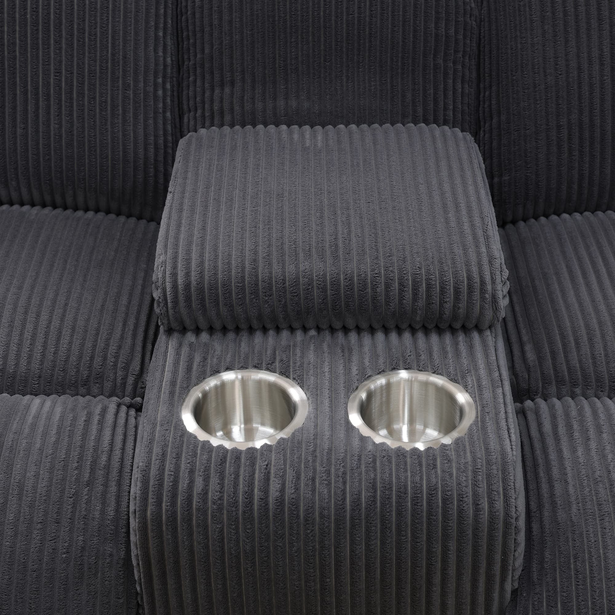 MAYEERTY Reclining Loveseat, 2-Seat Corduroy Fabric Recliner with Storage & Cup Holders for Living Room, Dark Gray
