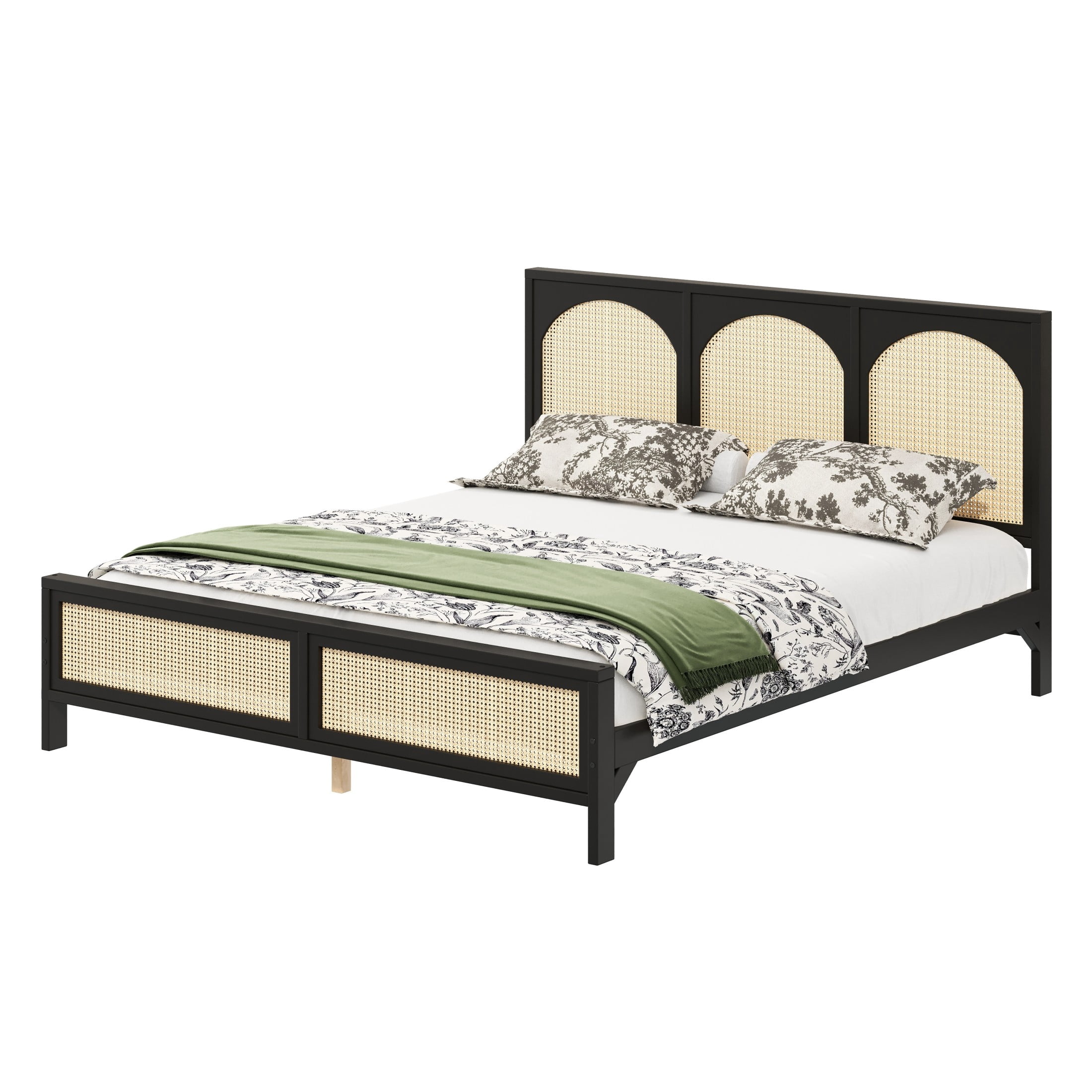 Noble House Driscoll King Size Wood Platform Bed with Rattan Headboard & Footboard, Modern Bed Frame, Black