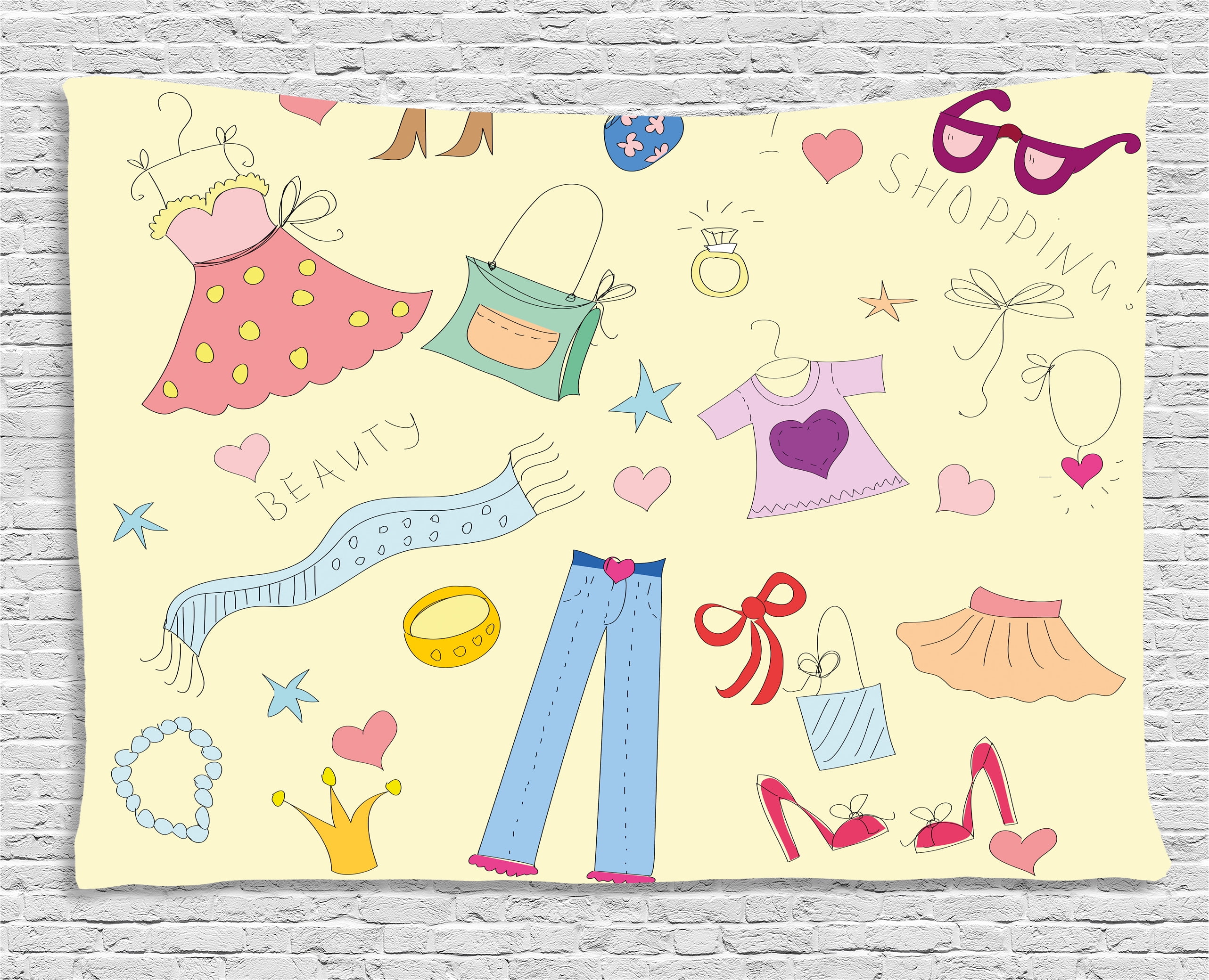 Heels And Dresses Tapestry Ping Themed Doodle Items Princess Heels And Dresses Tapestry Ping Themed Doodle Items Princess Beauty Hearts Stars Girls Room Wall Hanging For Bedroom Living Dorm Decor