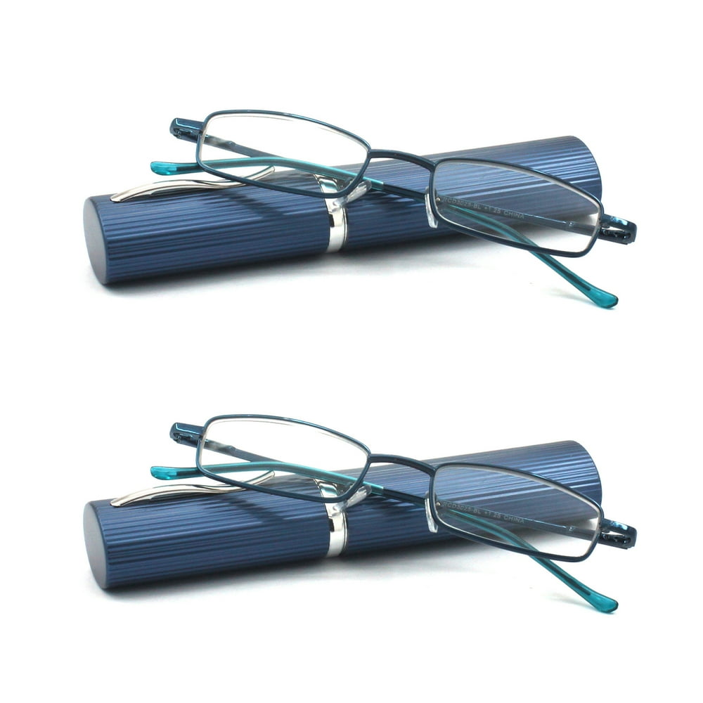 EYE ZOOM 2 Pack Ultra Slim Compact Lightweight Tube Reading Glasses with Portable Clip Aluminum